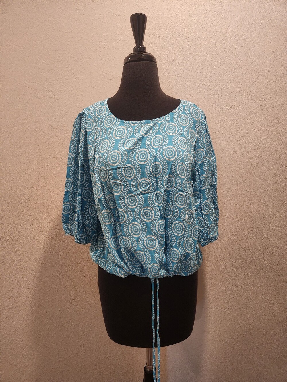 Women's Blue Patterned Scoop Neck Blouse